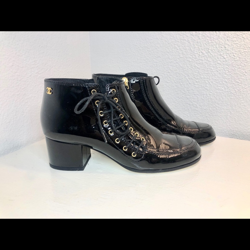 Chanel lace up block heel booties